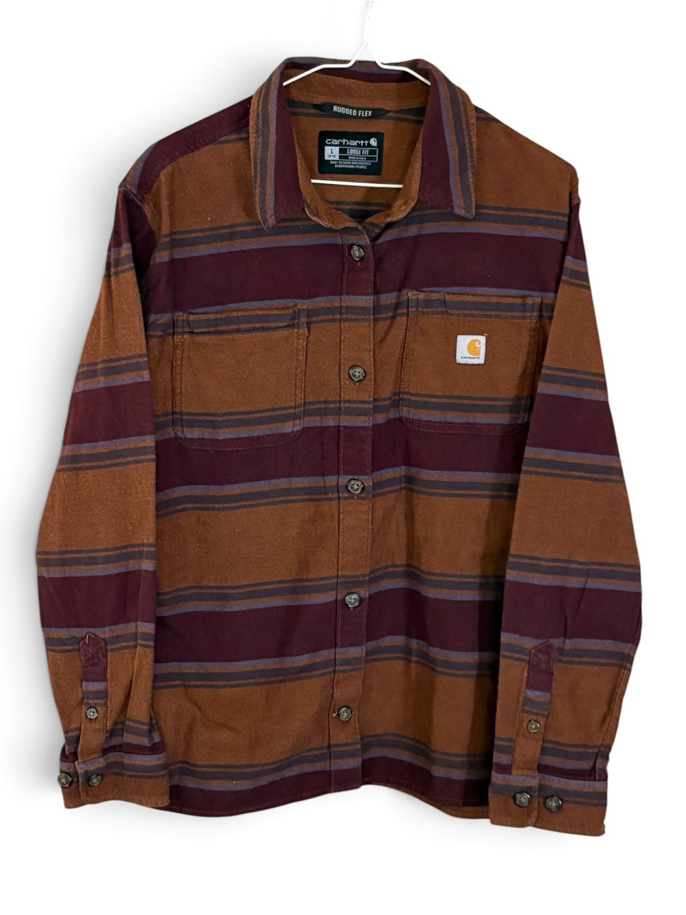 Carhartt Rugged Flex Loose Fit Brown & Burgundy Flannel Heavy Button Down Shirt